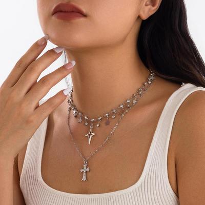 European & American Punk Style Multi-Layer Diamond Pendant Necklace - Women's Personalized Alloy Clavicle Chain