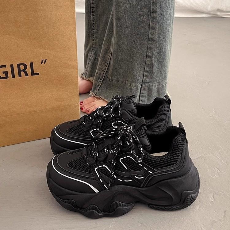 Popular Fried Street Thick-soled Heightening Dad Shoes Women's Spring and Autumn Versatile Feet Small 2025 New Black Casual Sports Shoes