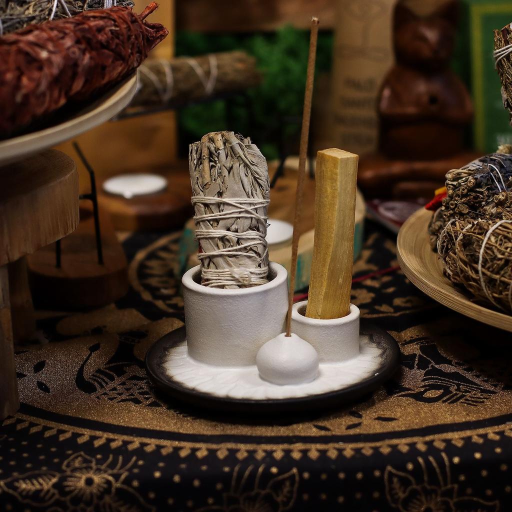Ceramic Palo Santo Smudge Incense Holder, White Grey