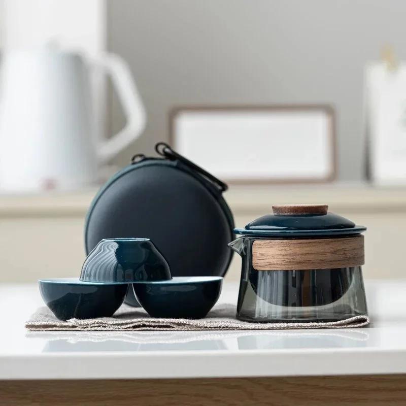 Travel Tea Set Kit 1 Teapot 3 Cups Portable Outdoor Camping Teapot and Tea Cup with Bag Teaware Sets Household Making Tea Tool