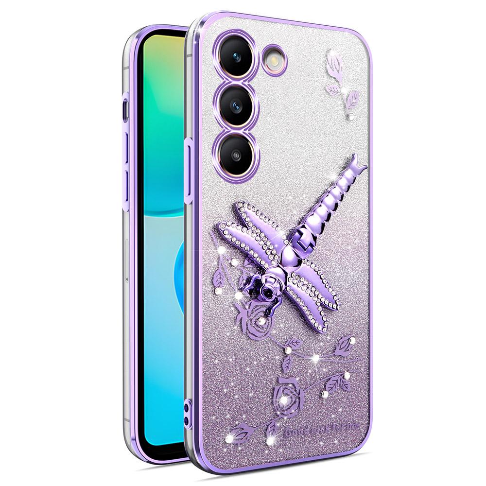 For Samsung Galaxy S23+ Case Dragonfly Kickstand TPU Flowers Glitter Phone Cover