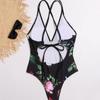 Floral Print One Piece Swimwear Deep V-Neck Women Swimsuit Cri-Cross Bathing Swimming Suit