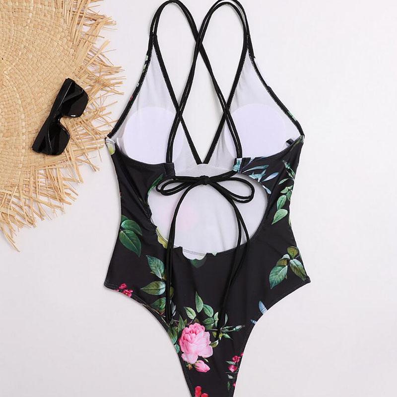 Floral Print One Piece Swimwear Deep V-Neck Women Swimsuit Cri-Cross Bathing Swimming Suit
