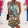 Women Plus Size Criss Cross Cutout Neck Sleeveless Landscape Printed Fitted Curved Hem Dress