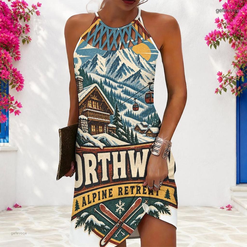 Women Plus Size Criss Cross Cutout Neck Sleeveless Landscape Printed Fitted Curved Hem Dress
