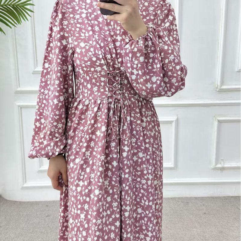 

Middle East New Arrival Fashion Floral Tie-Neck Waist-Tight Robe Dress Printed Lace up Long Dress Leather pink L