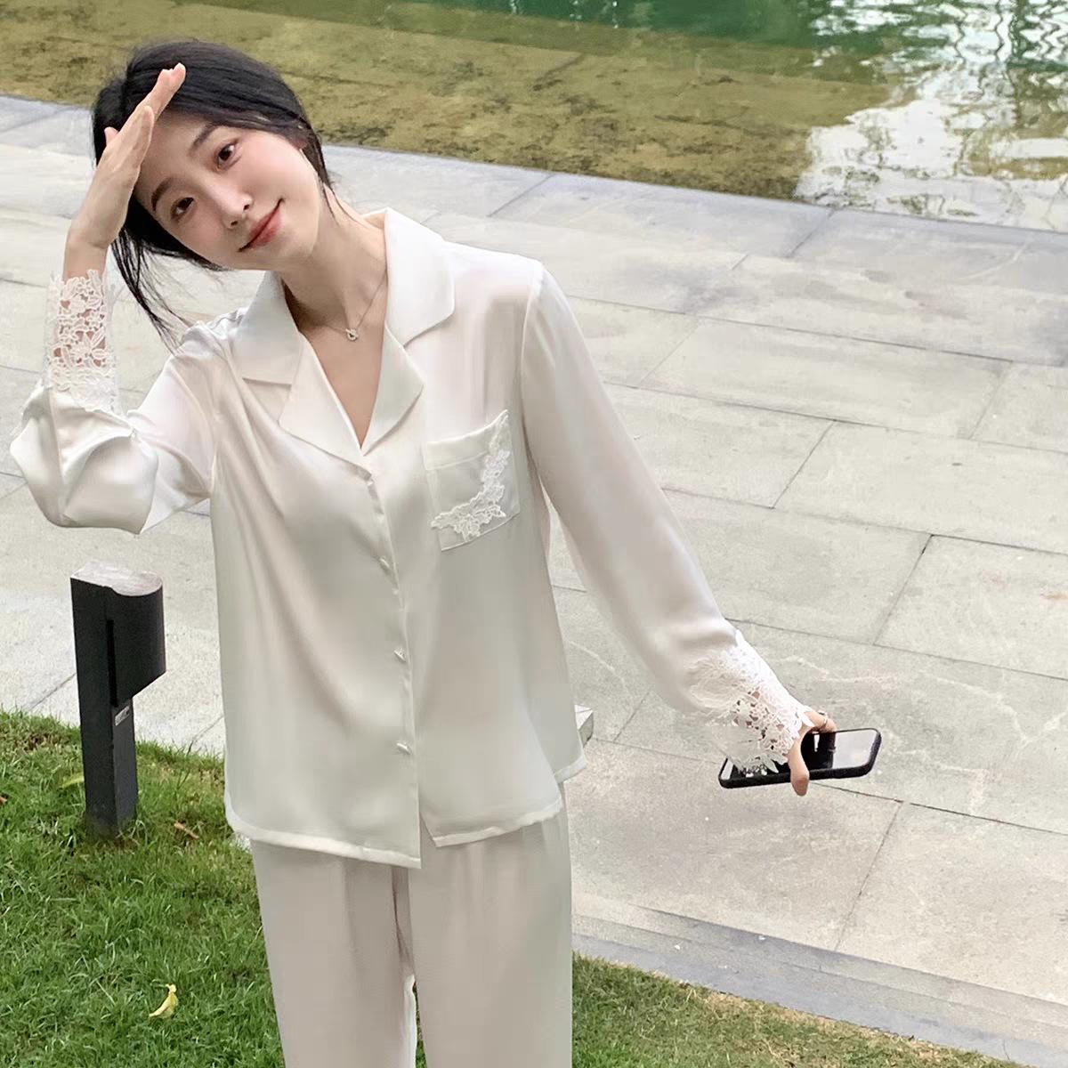 

Pajamas women s ice silk long-sleeved thin white moonlight French silk lace water-soluble flower loungewear set can be worn outside XL