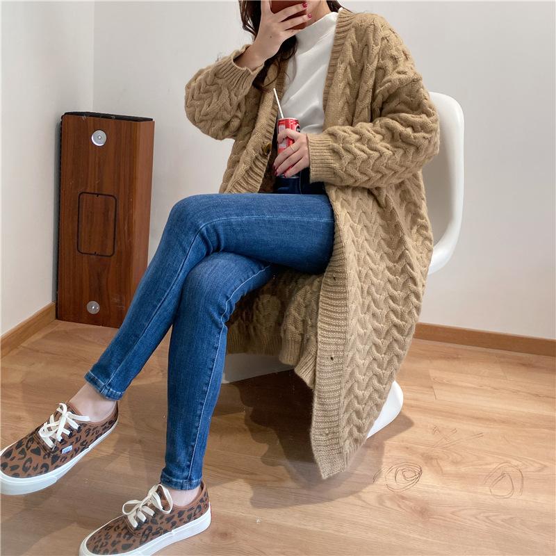 New Warm Thick Wool Women Outerwear Fashion Elegant Knitted Long Sweater Cardigan Office Female Single Breasted Jackets Street