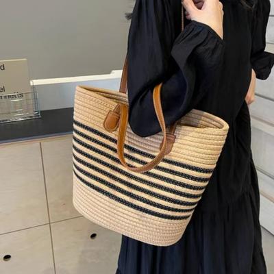Versatile and High-end Straw Woven Bag, Beach Vacation Striped Woven Bag, Women's Large Capacity Single Shoulder Beach Tote Bag