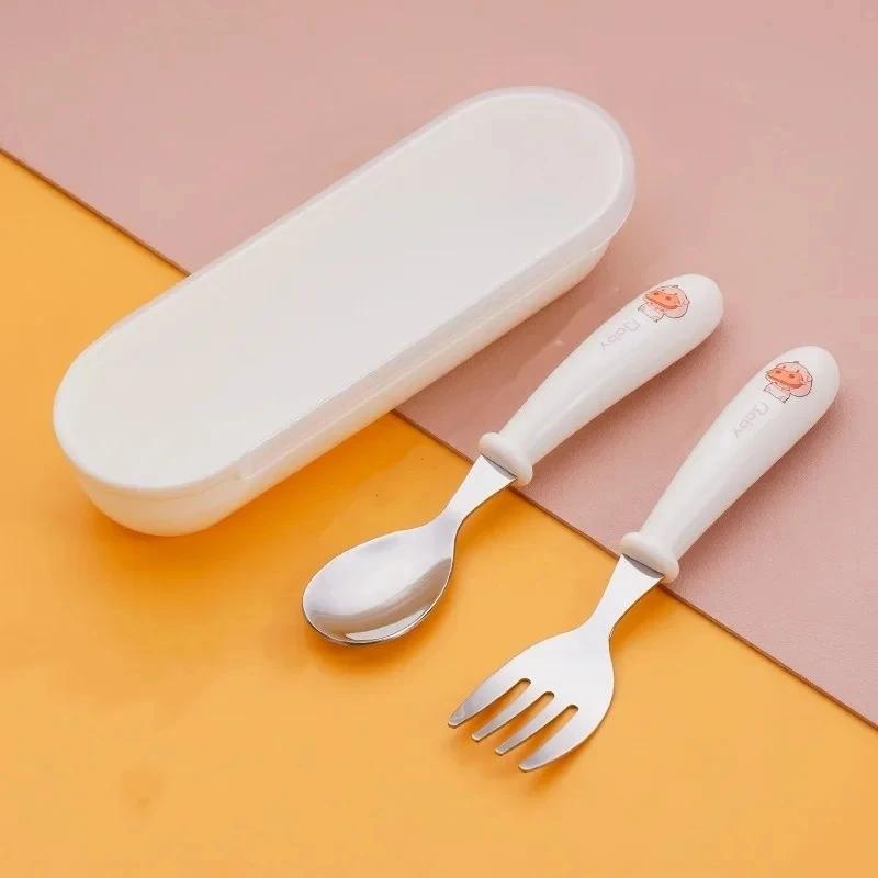 

Ложки, вилки, коробка, столовые приборы из нержавеющей стали, переносные детские принадлежности для кормления, ложки, детская посуда, набор обеденных принадлежностей для детей