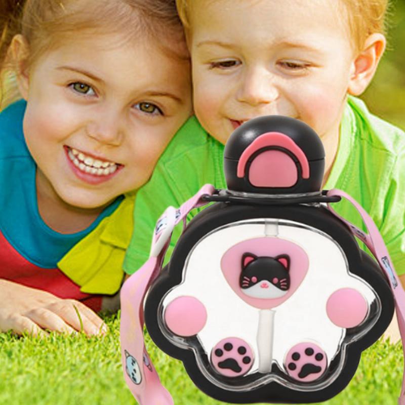 Cute Water Bottle With Straw 0.67oz Cat Paw Design Children Drinking Cup Large Capacity Shoulder Strap Leakproof Kettle For