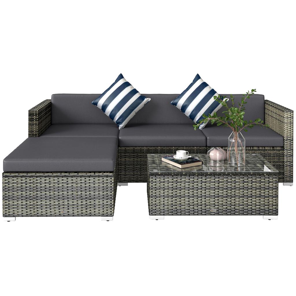 4-Seater Rattan Sofa Set Wicker Sectional Furniture Cushion Grey Garden