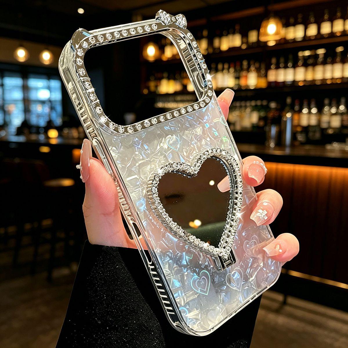 

Luxury Rhinestone Heart Mirror Stand for iPhone 17 Pro Max/16 Pro/13 Case 16 Pro