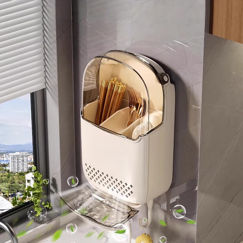 Kitchen Utensil Organizer Wall Mounted Cutlery Holder Kitchen Wall-Mounted Shelf Organizer With Dustproof Cover For Tableware
