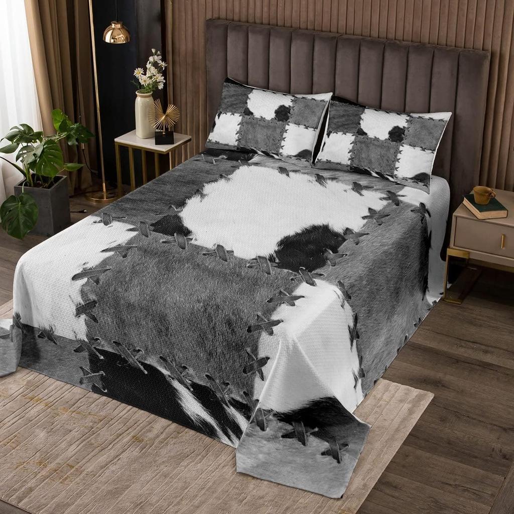 Cowhide Coverlet Set Farm Animal Fur Bedspread Queen/Full for Boy Girl Bedroom 2/3 Pcs Western Rustic Cowboy Farmhouse Quilt Set