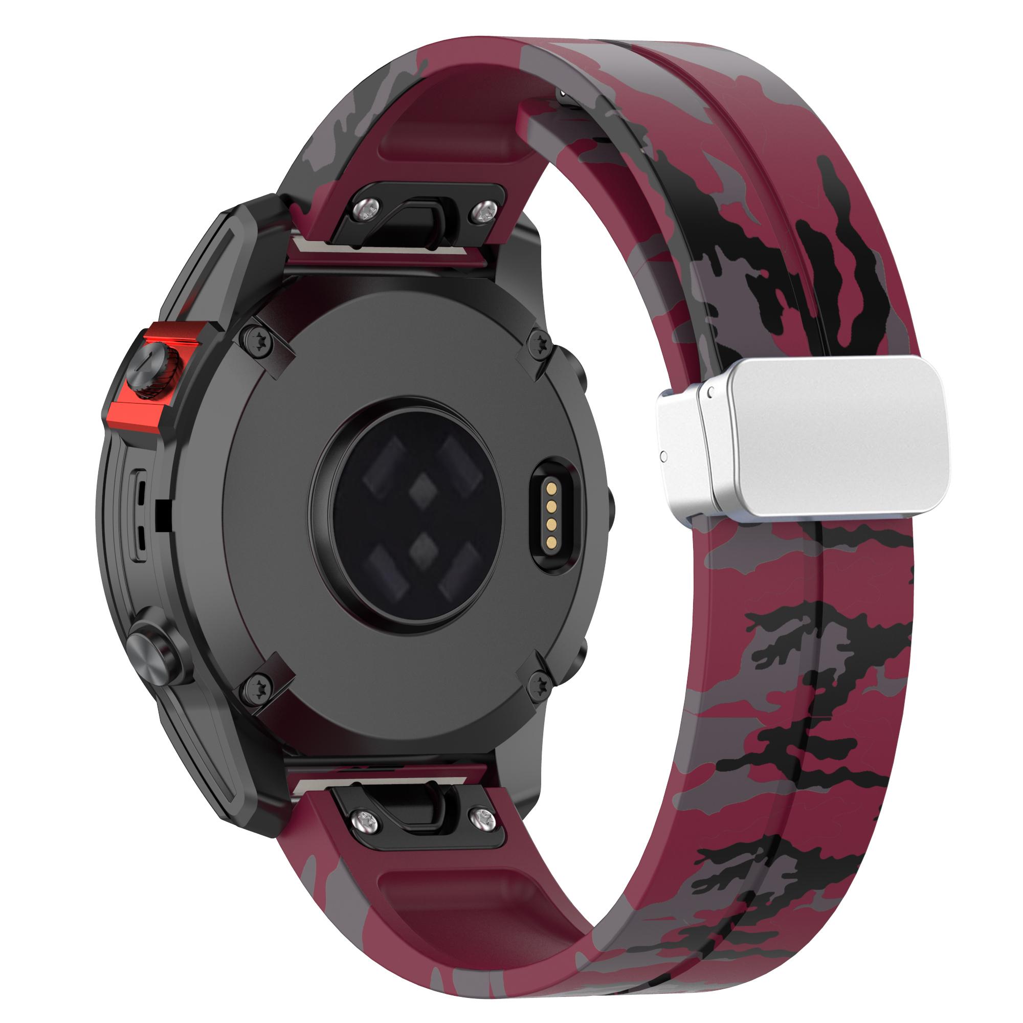 

For Garmin Tactix 7 Pro/Fenix 7X/6X/6X Pro/5X Plus Silicone Watch Band 26mm Silver Buckle Wrist Strap Camo Wine Red