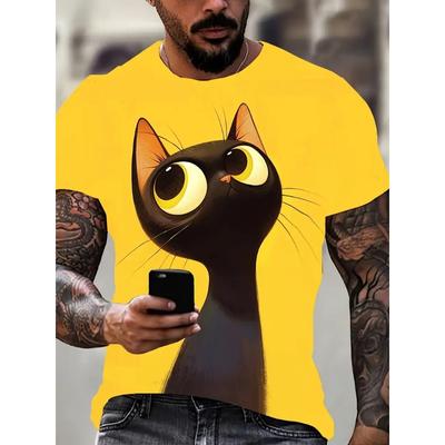 Komik Erkek Tişörtü Hayvan Kedi Baskılı Yaz Rahat Kısa Kollu Tişört Sokak Modası Yuvarlak Yaka Kazak Erkek Büyük Beden Giyim
