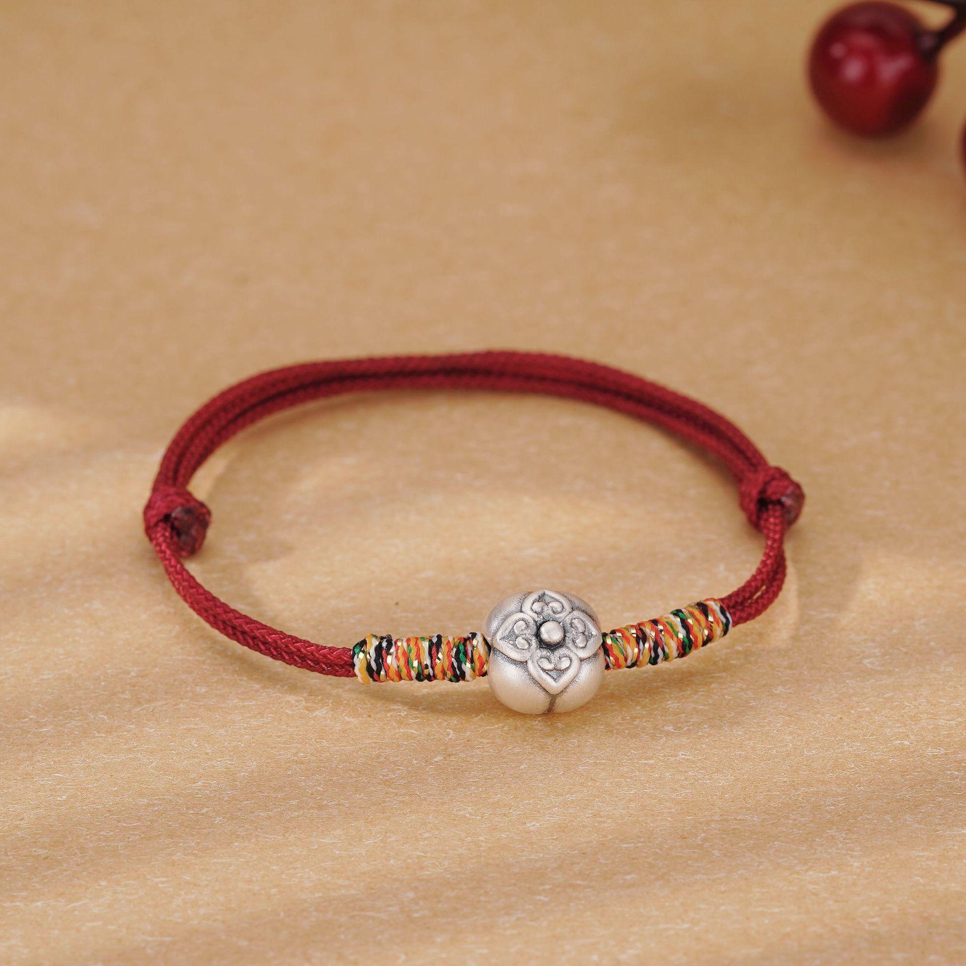 Sterling Silver Persimmon Ruyi Red String Bracelet - Women s Retro Chinese Style, Handmade Woven Design Sterling Silver