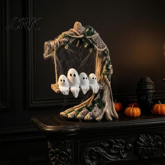 Creative Holiday Gift for Home Glowing Ghost On Swing Resin Yard Decor, Weatherproof Halloween Outdoor Garden Ornament with Gothic Style Ornaments