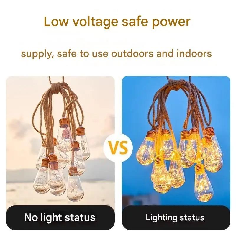 Vintage Hemp Rope Solar String Lights 5/8/10M 10/16/24 Bulbs Waterproof Outdoor Fairy Lights for Patio Yard Garden Decor