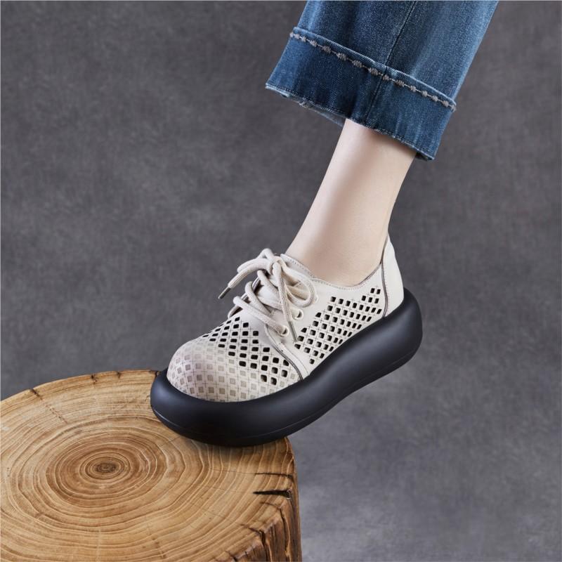Johnature Hollow Out Thick Soled Shoes Genuine Leather Breathable Lace-up Women's Platform Sandals