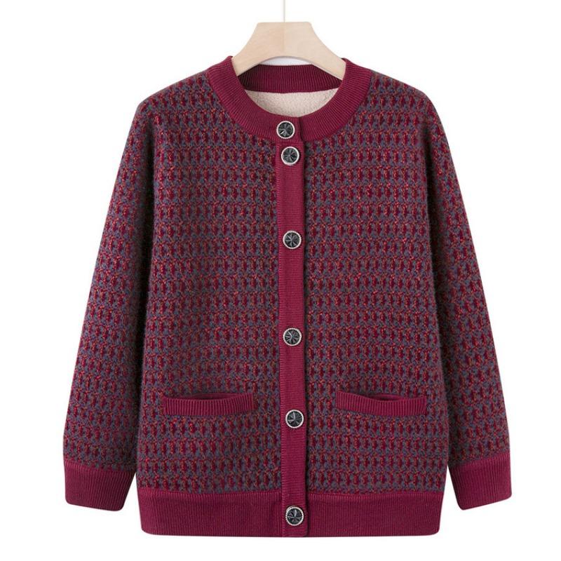 

Одежда для осени и зимы для среднего и пожилого возраста, флисовый утолщенный кардиган, свитер, женская, для мамы, теплая вязаная кофта, куртка, одежда для пожилой бабушки M (recommended within 45kg) бордовый