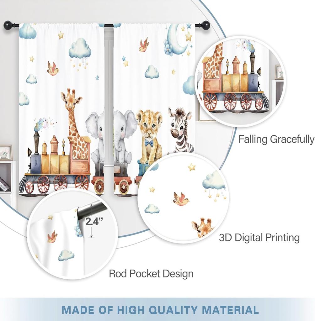 Kids Child Curtains Cute Cartoon Animal Woodland Jungle Adventure Wild Train Wildlife Lion Elephant Stars Bedroom Polyester With Rod Pocket Sleeping