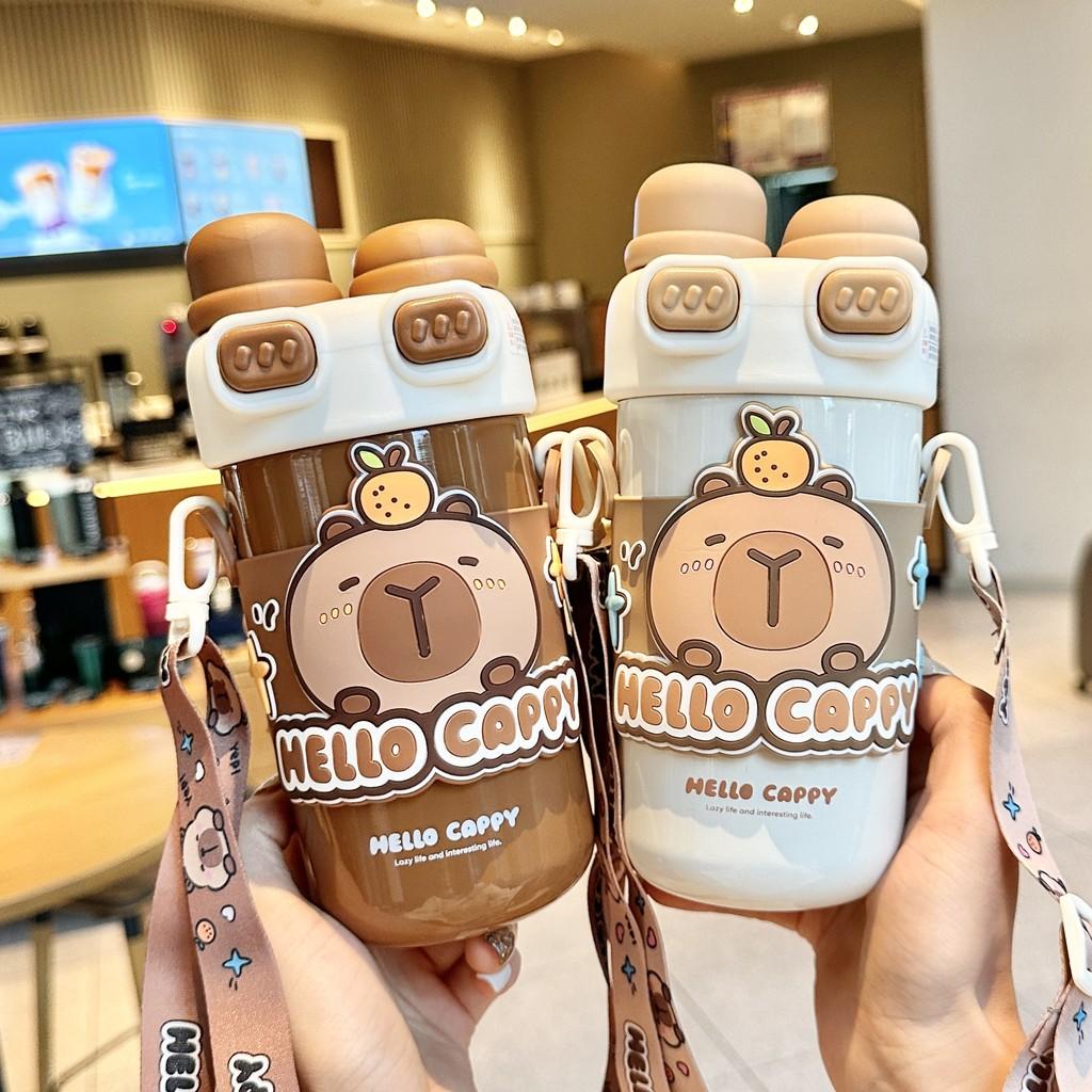 Capybara Childrens Insulated Water Bottle With Double Straw Lock For School Kids