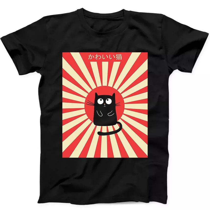 Kawaii Maneki Neko Cat Kuro Japan Rising Meme Funny Gift Black Tee T Shirt 346