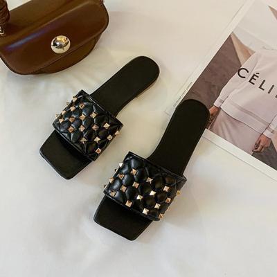 Square Head Flat Bottom Slippers Female External Wear 2024 Summer New Europe America Hot Sales Rivets Big Yards Beach Slippers