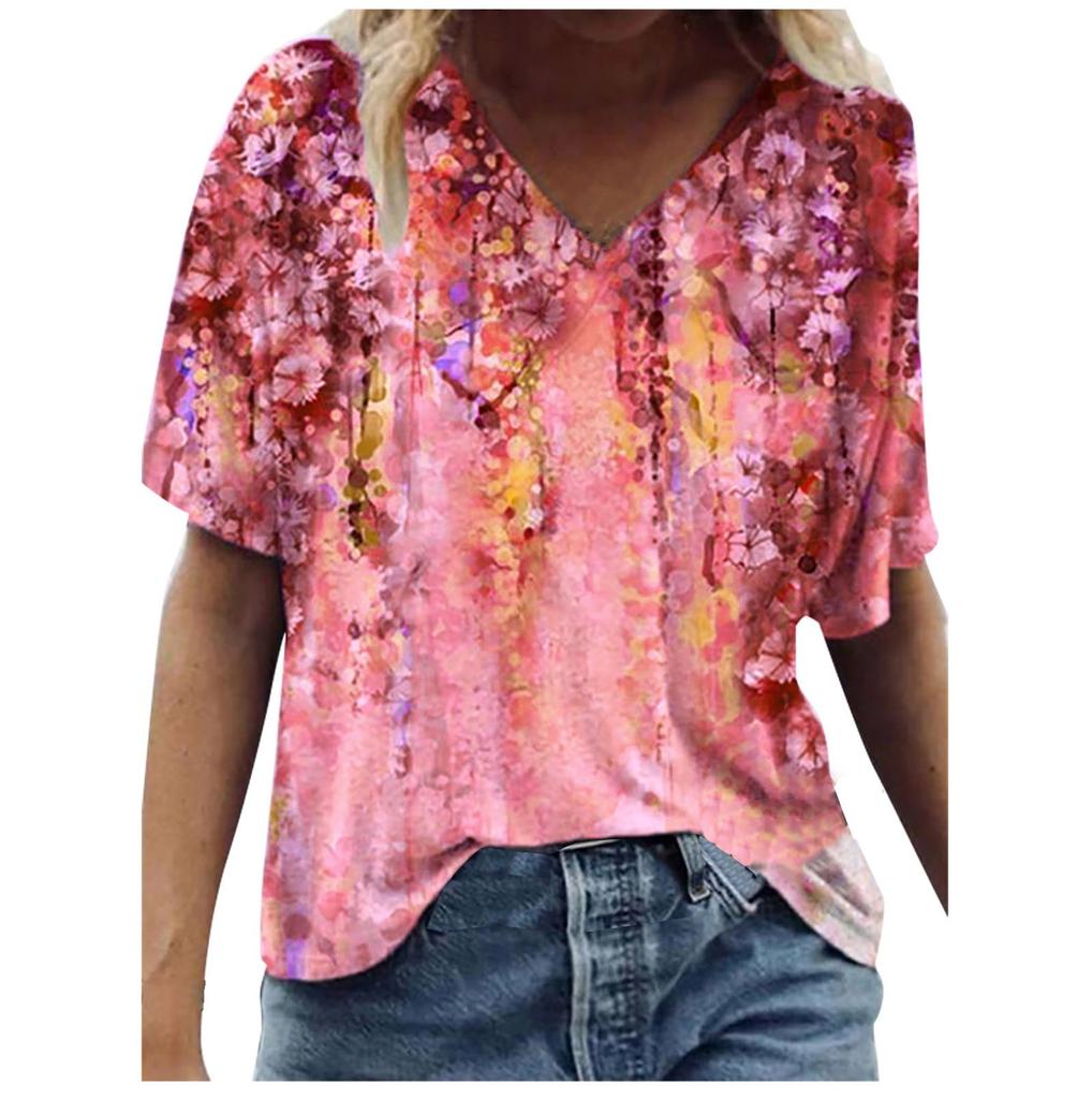 Women Tie-dye  Floral  Printed Colorful  Short Sleeve V Neck  Blouse Tops