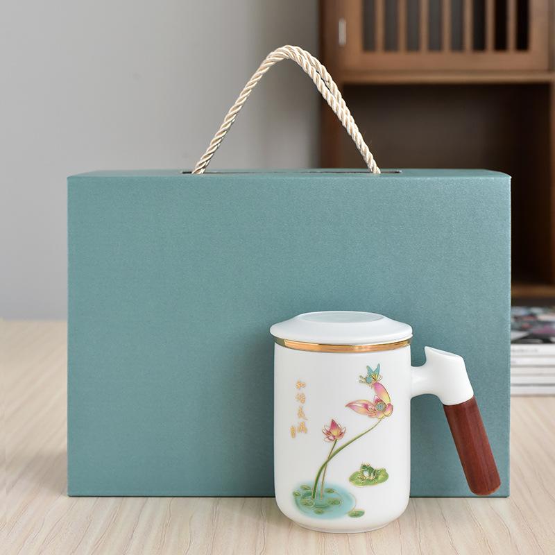 White Porcelain Tea Cup With Lid Office Tea Separation Teacup With Filter Cup Lettering Customized Gift Box