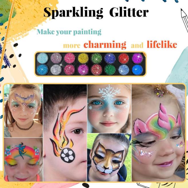 Face Paint Palette, Halloween and Easter Face Painting Makeup, Bright Colors, Quick Drying, Glitter, Gradient Effects & Stencils
