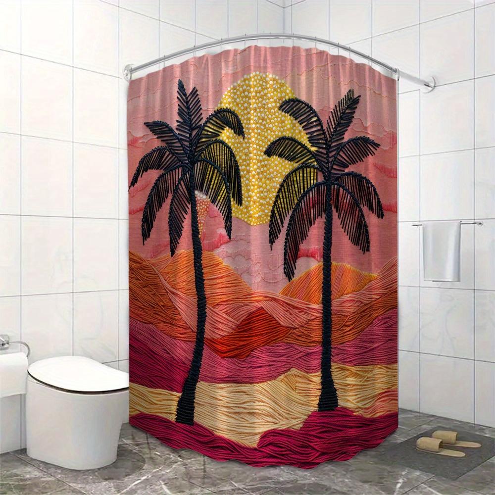 Hand-Stitched Sunset Desert Shower Curtain - Palm Trees & Golden Sun, Serene Landscape Art, Warm & Inviting Bathroom Decor