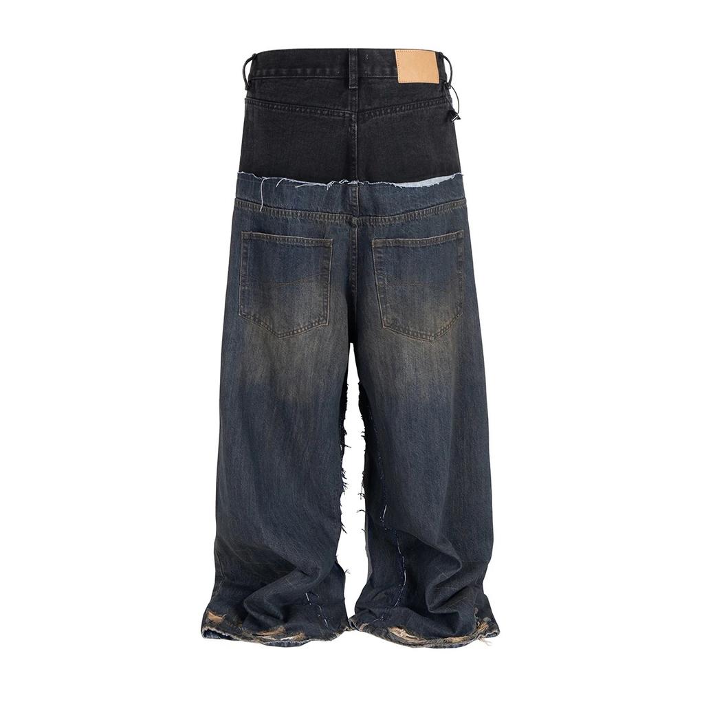 RogueWave CUT-UP Dobbeltlags Jeans med dobbel midje og patchwork-design for menn og kvinner. Rette, avslappede, løse denimbukser i oversized størrelse.