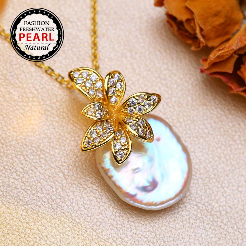SENIKO Natural Freshwater Big Baroque Pearl Necklaces For Women Fashion Flower Cubic Zirconia Pendant With Chain Birhday Gift