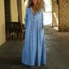Loose Comfortable V-neck Denim Maxi Dress with Pockets