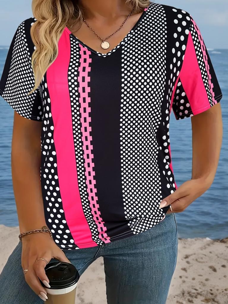 T-shirt Women's Summer Leisure Elegant V-neck Short Sleeve Art Stripe Pattern Top Loose Casual Wear Ladies T-shirt