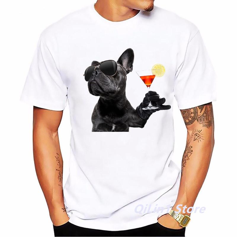Glass French Bulldog Print Funny T Shirts Men Summer Top MaleS Cool Hip Hop T Shirt White Short Sleeve Casual Camisetas Hombre