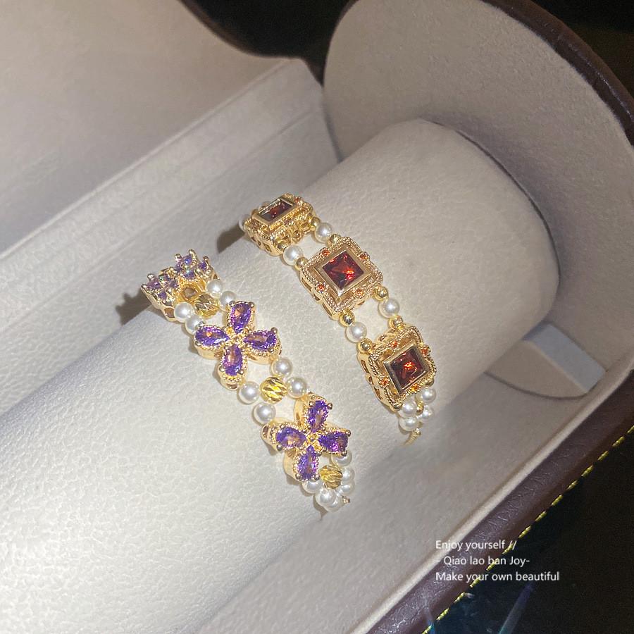 Vintage Flower Jewelry Bracelet With Zircon And Copper For Women Gift