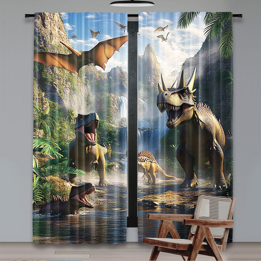 2Pcs Cartoon Dinosaur Curtain For Birthday Party Decor Design For Privacy Protection And Stylish Home Decor Perfect For Living