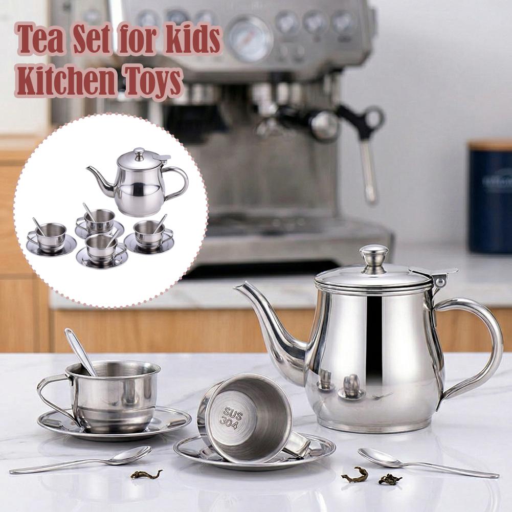 Kids Stainless Steel Tea Set Pretend Play Kitchen Toy Heat Resistant Safe Teapot Cups For Boys Girls Preschool Learning