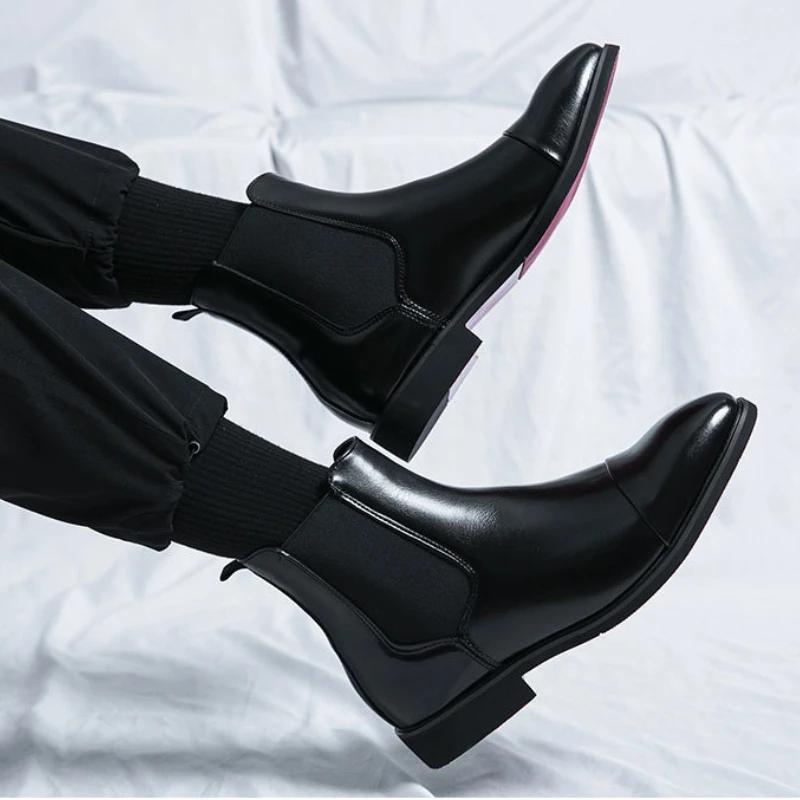 Autumn winter pointed toed male Boots Redsoled high top leather shoe English casual Chelsea boot Fashion comfortable men's shoes