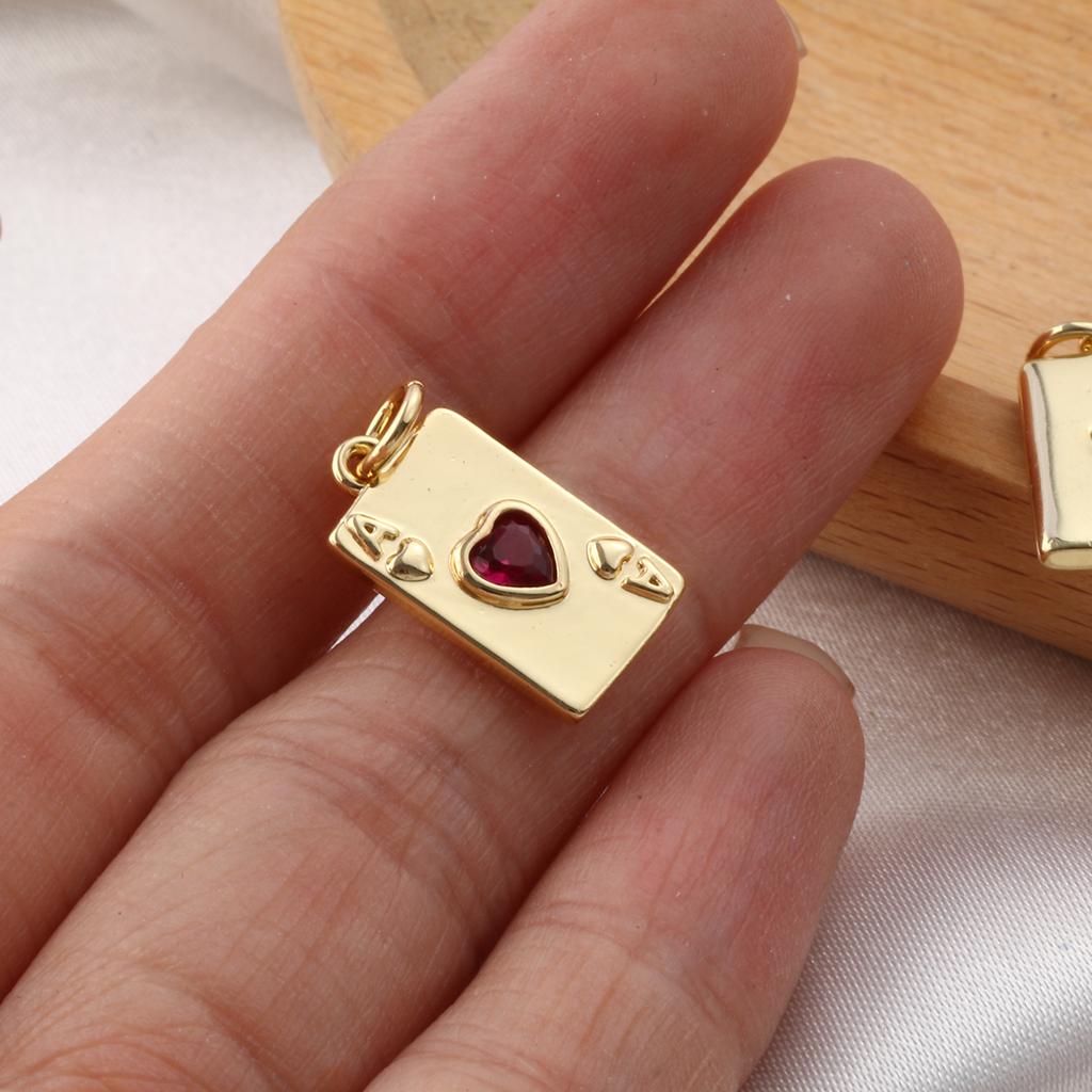 2 PCs Brass & Cubic Zirconia Poker/ Paper Card/ Game Card Charms 18K Gold Plated Poker Card Heart Pendant Necklace DIY19mm x 9mm