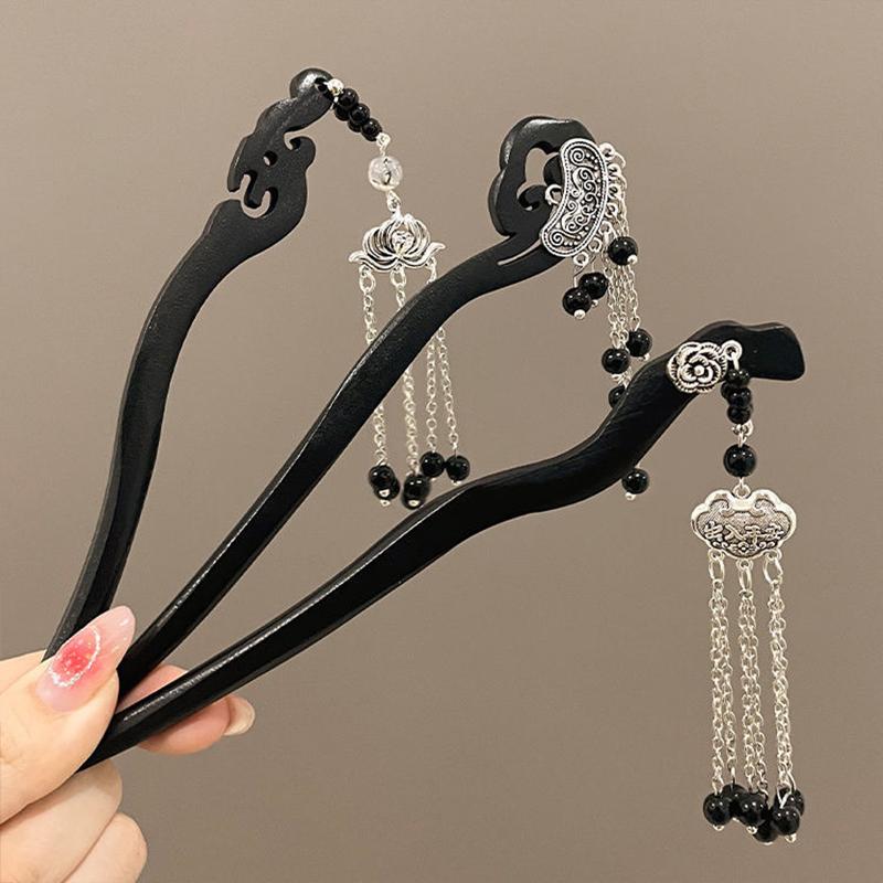 Vintage Tassel Ancient Style Ebony Hairpin Women Temperament Elegant Coiled Hairpin Chinese Hanfu Accessories