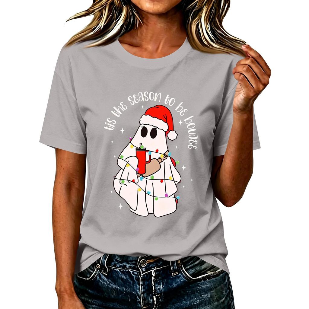 Damen Christmas Print Kurzarm T-Shirt Lässiges Feiertags-Top