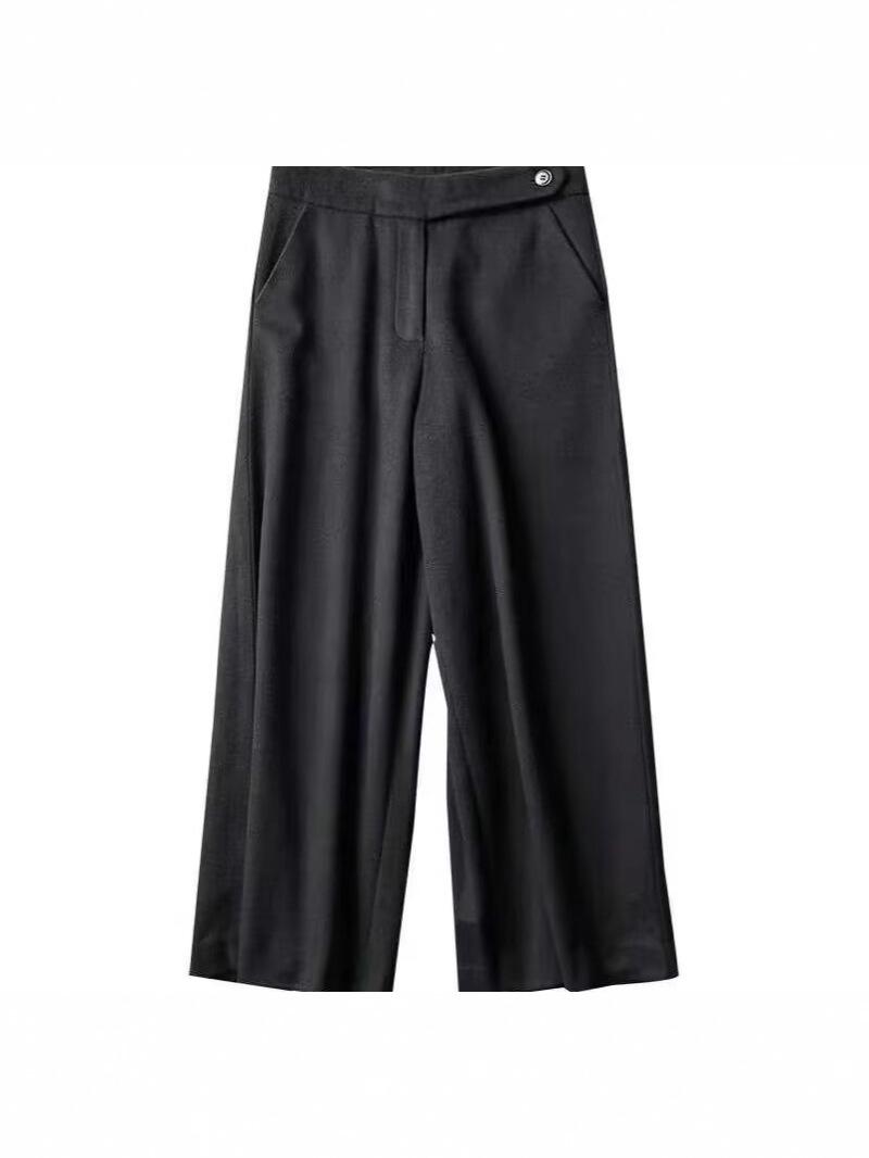 

Women s High Waist Cashmere Wool Wide-Leg Pants - Autumn/Winter Casual Slimming Drape Eight-Ninth Length Straight Leg Fashion. Small чорний