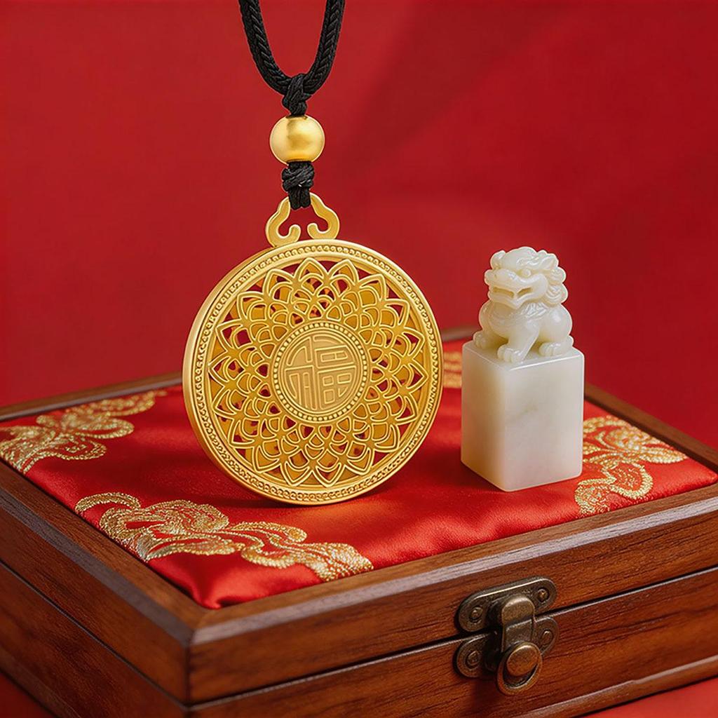 Eight-treasure Compass Necklace, Unisex Pendant, Gold, Black Braided Cord, Blessing Plate, Hollow, Chinese Style, Sweater Chain, New Style