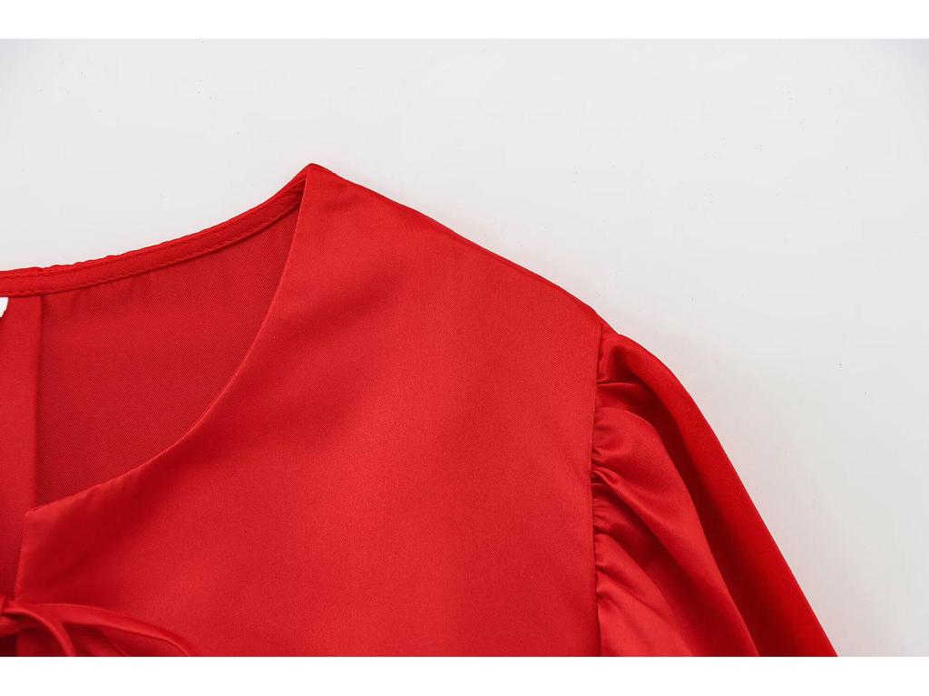 2025 Spring European & American Style Women's Satin Puff Sleeve Bow Top