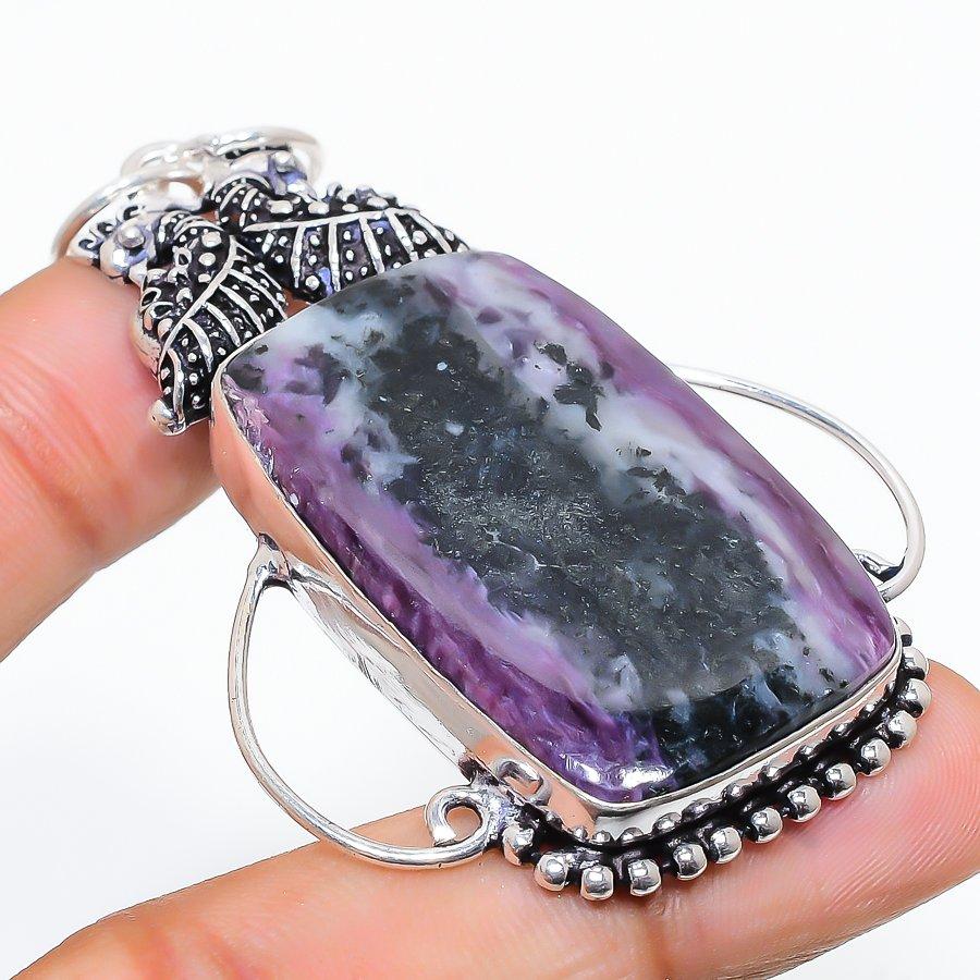 Russian Charoite Gemstone 925 Sterling Silver Jewelry Pendant 2.80" SU-6912